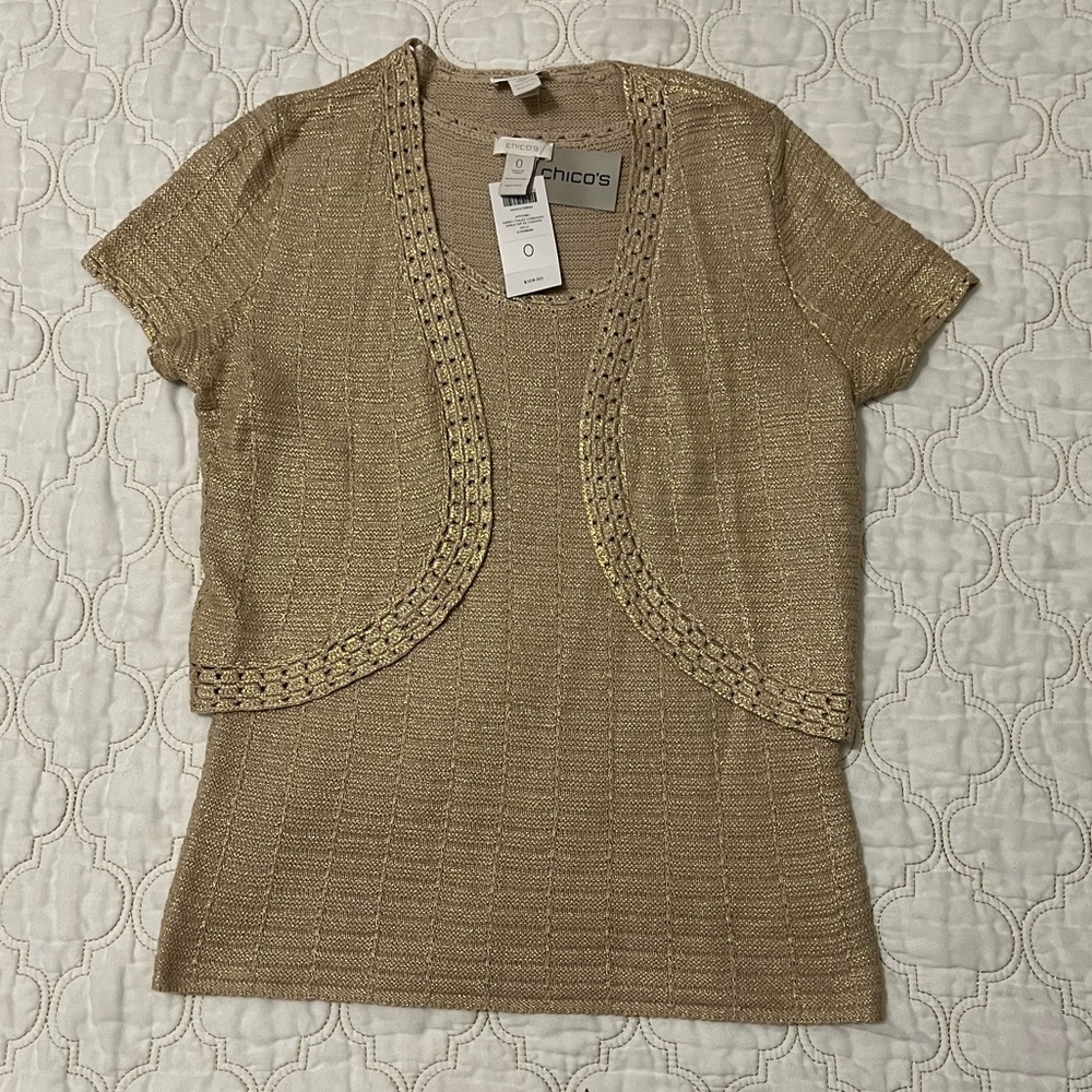 Chico's Metallic Gold Knit Top & Cardigan